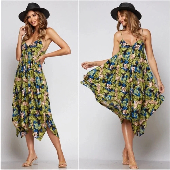Tropical Leaf Midi Dress | Boho Flowy Summer Vacation Sundress - Picture 2 of 3